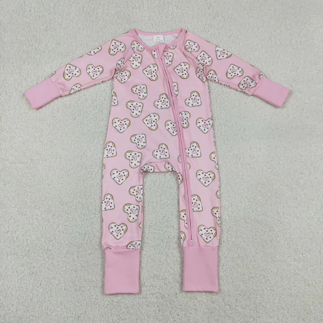 1.14 RTS Sibling Baby Girls Hearts Donuts Top Pants Valentines Pajamas Set Zipper Rompers