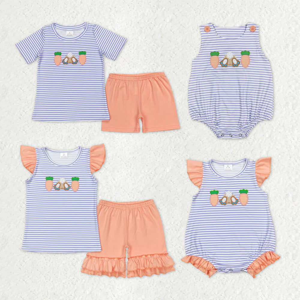 1.17 RTS Sibling Baby Kids Embroidery Carrot Rabbit Stripe Top Shorts Easter Clothes Set Rompers