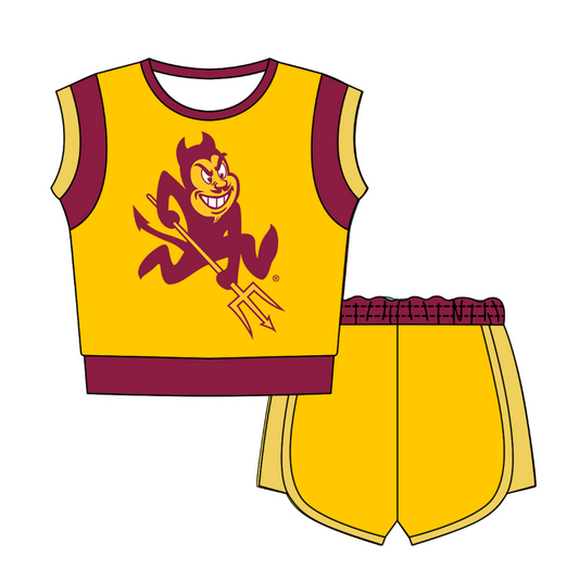 CUSTOM MOQ 5 Cute Comfortable Clothing For Kids Baby Kids Summer Golden Sleeveless Patchwork Top Lace-up Shorts Clothes Sets