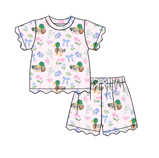 GSSO3737  Pre order No Moq No Moq Baby Girls Duck Flower Bow Top Scallop Trim Casual Shorts Outfit