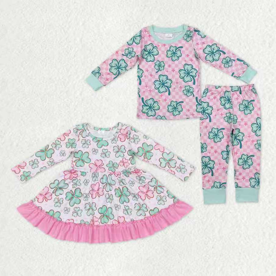 12.29 RTS Sibling Baby Girls Clovers Pants St Patrick Pajamas Sets Ruffle Knee Length Dresses