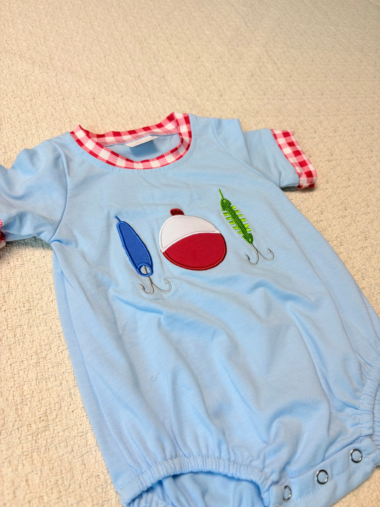 0430 RTS Sibling Short sleeves fishing lure embroidery kids boys outfits and romper