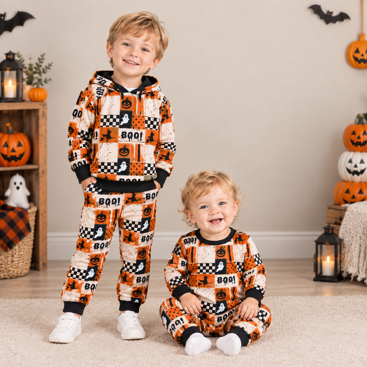 RTS NO MOQ Sibling milk silk Baby Boys Halloween Print Hoodie and Jogger Pants Set Black Orange Plaid Romper