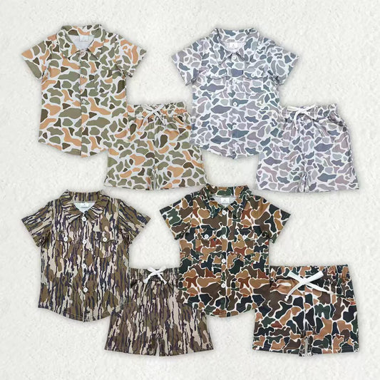 12.8 RTS Sibling Baby Boys Southern Camo Button Pockets Shirts Top Short Clothes Set