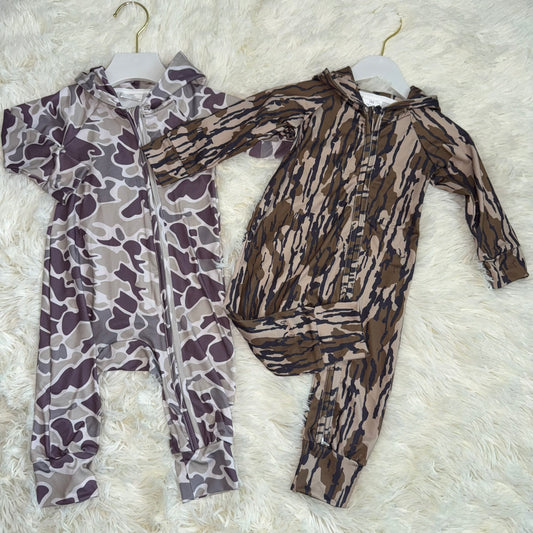 11.19 RST Sibling Baby Boys Southern Camo Hoodie Two Way Zip Convertible Rompers
