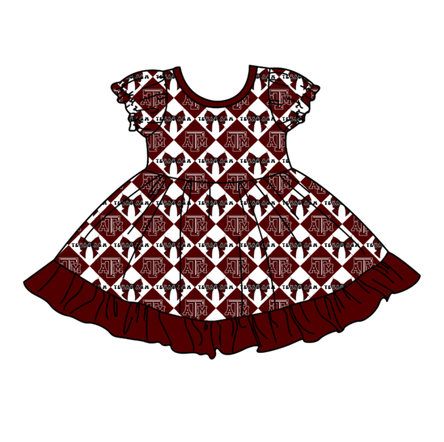 CUSTOM MOQ 5 Baby Girl  Dark Red Bow Plaid Short Sleeve Team Knee Length Dresses