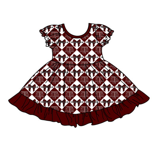 CUSTOM MOQ 5 Baby Girl  Dark Red Bow Plaid Short Sleeve Team Knee Length Dresses