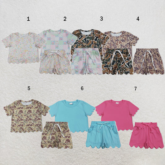 USA Warehouse (IN STOCK) Baby Girls Short Sleeve Top Pockets Shorts Cotton Scallop Clothes Sets