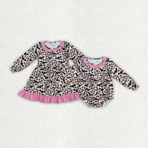 9.23 RTS Sibling Baby Girls Bats Leopard Halloween Ruffle Knee Length Dresses Romper