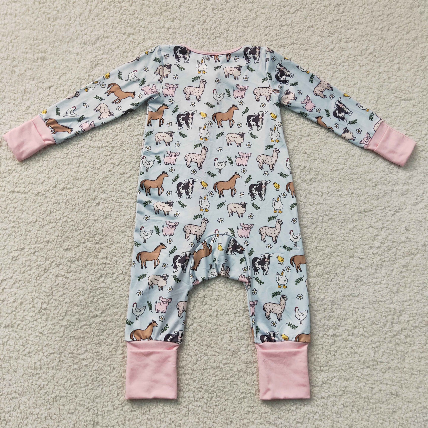 LR2401  RTS NO MOQ （In stock）Baby Girls Farm Horse Chick Long Sleeve Zipper Rompers
