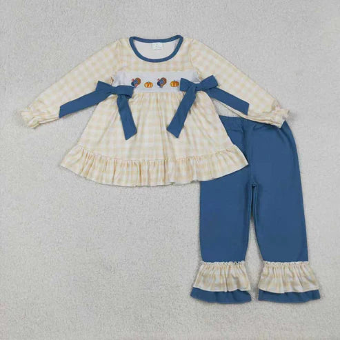 10.17 RTS Sibling Embroidery Turkey Pumpkins Baby Boys Girls Thanksgiving Clothes Sets Ruffle Footie Rompers