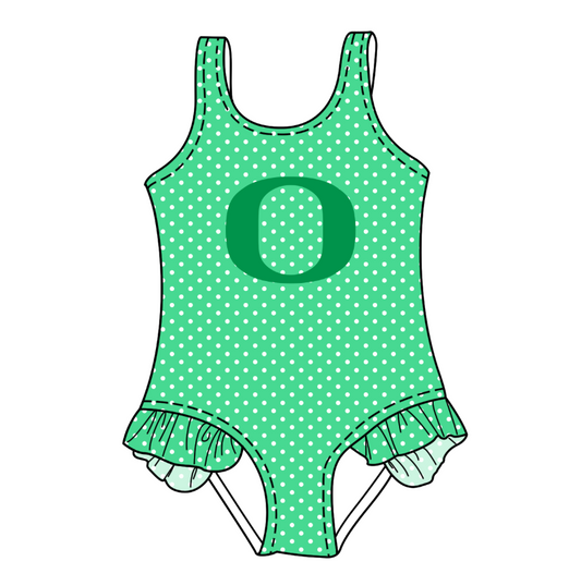 CUSTOM MOQ 5 Cute Comfortable Clothing For Kids Summer Baby Girls Green O Polka Dots Ruffle Team One Piece Swimsuits