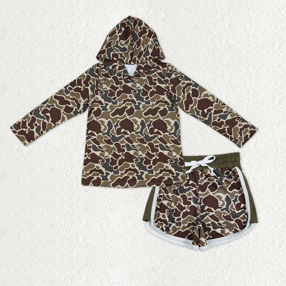1.13 RTS NO MOQ （In stock）BT1650 + SS0745 Baby Girls Southern Dark Khaki Camo Hoodie Top Shorts Clothes Sets