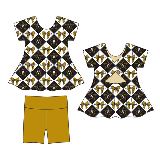 CUSTOM MOQ 5 Baby Girl Clothes Khaki Bow Plaid Team Short Sleeve Shorts Yoga Active Clothes Sets