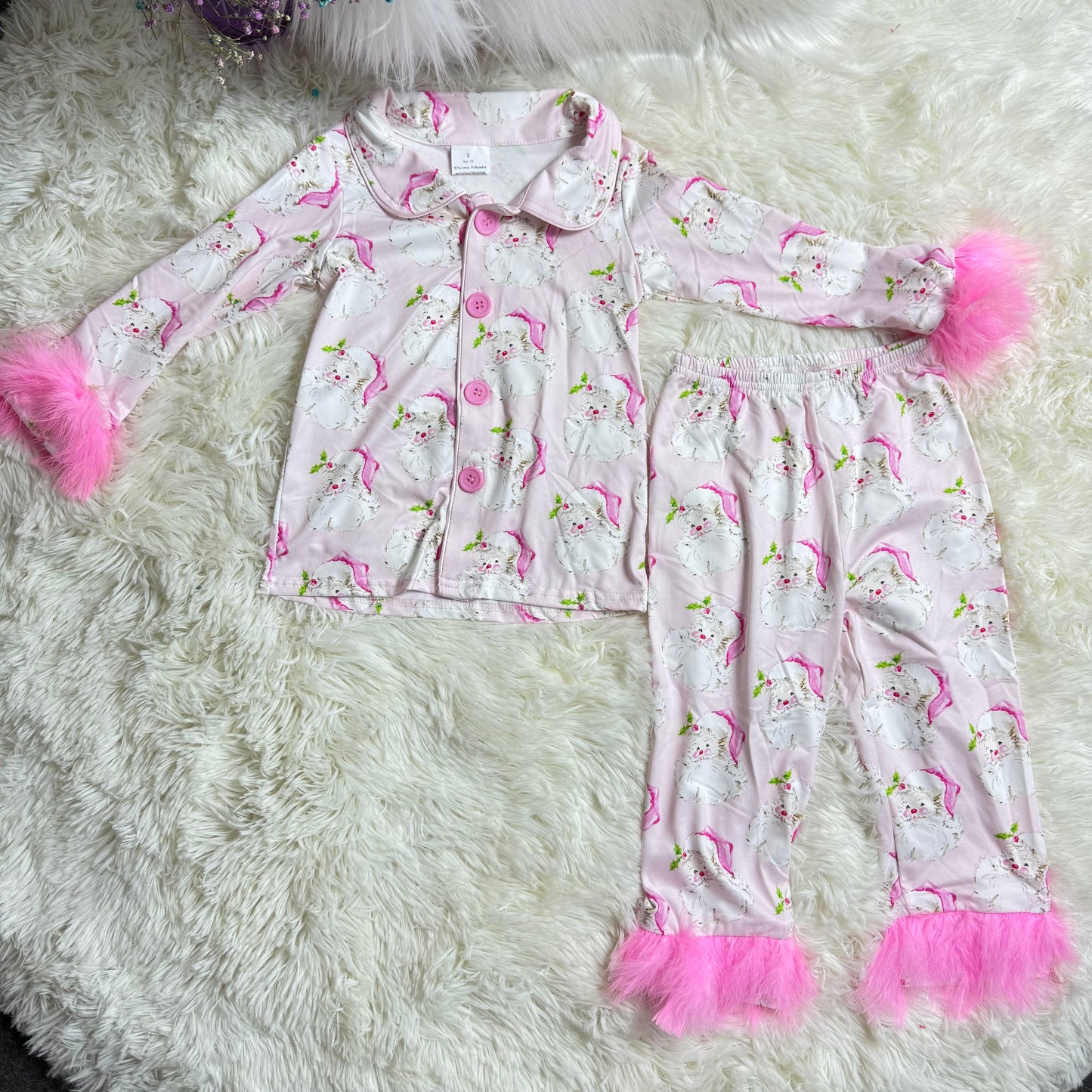 12.6 RST GLP2376 Baby Girls Pink Christmas With Fur Santa Button Top Pants Pajamas Sets