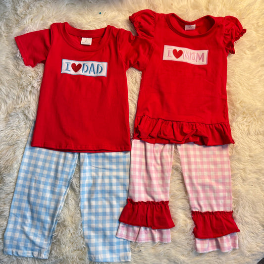 12.2 RST Sibling Baby Boys Girls Embroidery I Love Dad Mom Checked Red Shirt Pants Clothes Sets