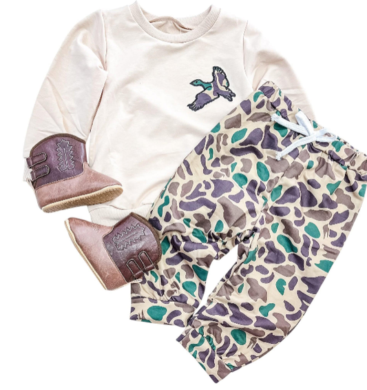 BLP1378  Pre order No Moq No Moq Baby Boys Camo Duck Print Long Sleeve Top Elastic Waist Full Length Pants Two Piece Outdoor Hunting Clothes Sets