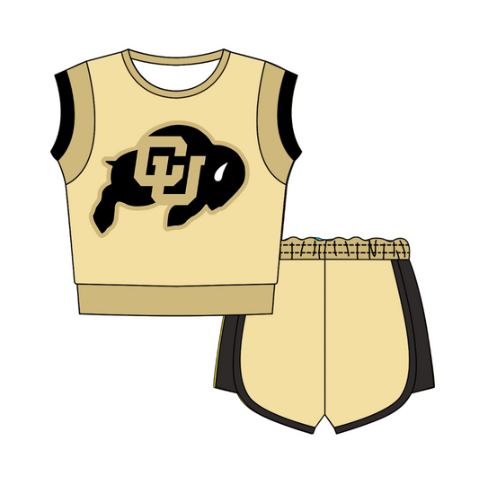 CUSTOM MOQ 5 Cute Comfortable Clothing For Kids Baby Kids Summer Beige Sleeveless Patchwork Top Lace-up Shorts Clothes Sets