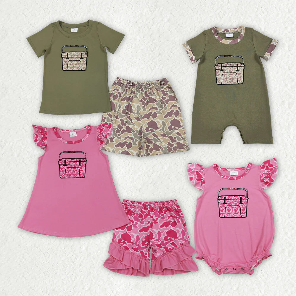 1.17 RTS Sibling Baby Kids Embroidery Camo Boxes Top Shorts Hunting Clothes Set Rompers