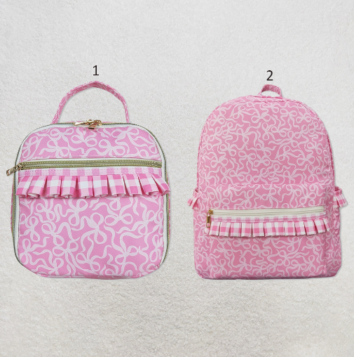 RTS NO MOQ Sibling Baby Kids Pink Bows Plaid Ruffle Backpacks Bags Boxes