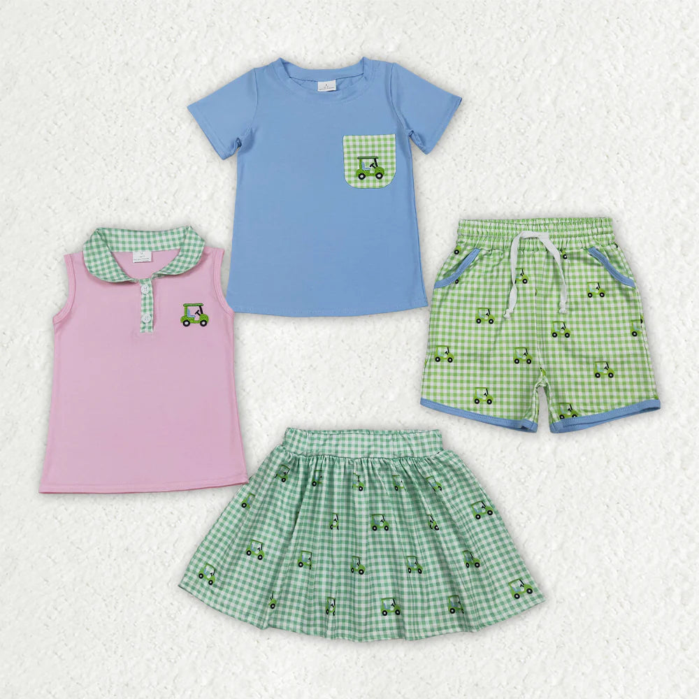 1.17 RTS Sibling Baby Boys Girls Embroidery Golf Trucks Top Green Checked Shirt Shorts Clothes Sets