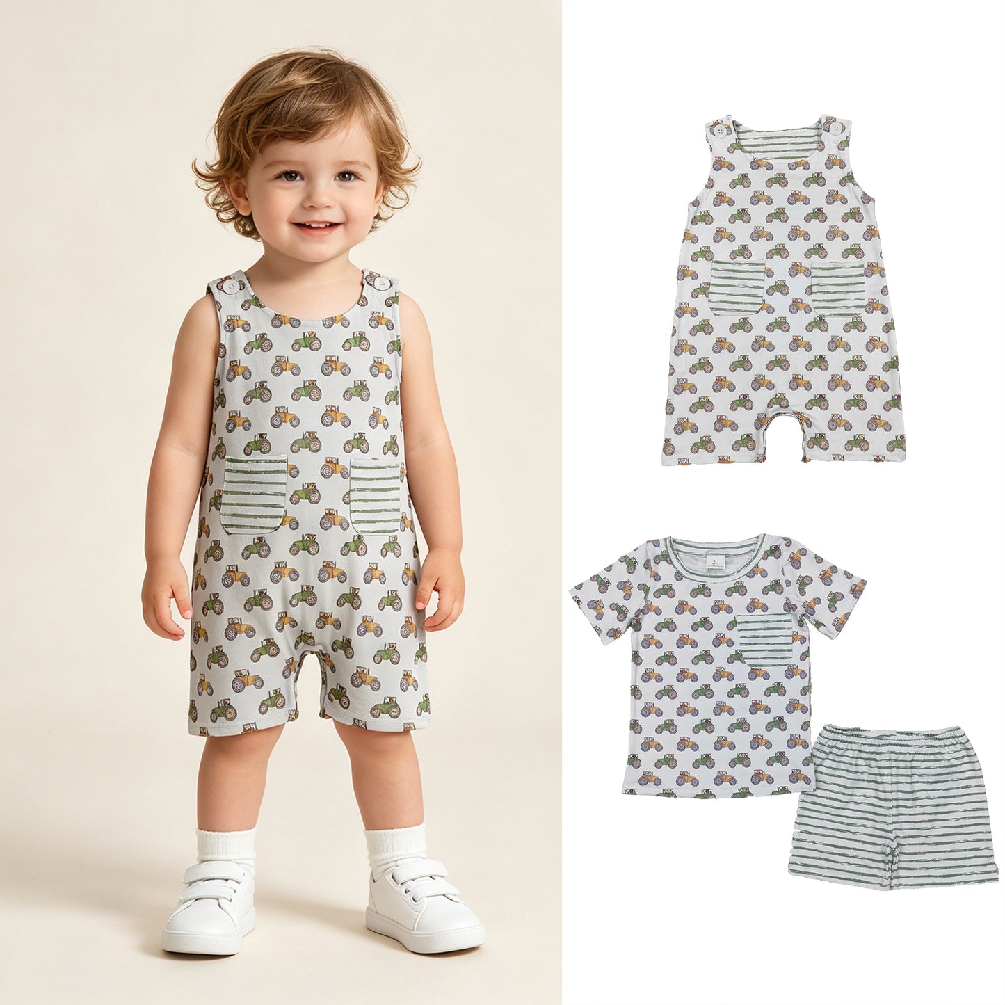 RTS Sibling Short sleeves tractor pocket top stripe shorts boys clothes and romper