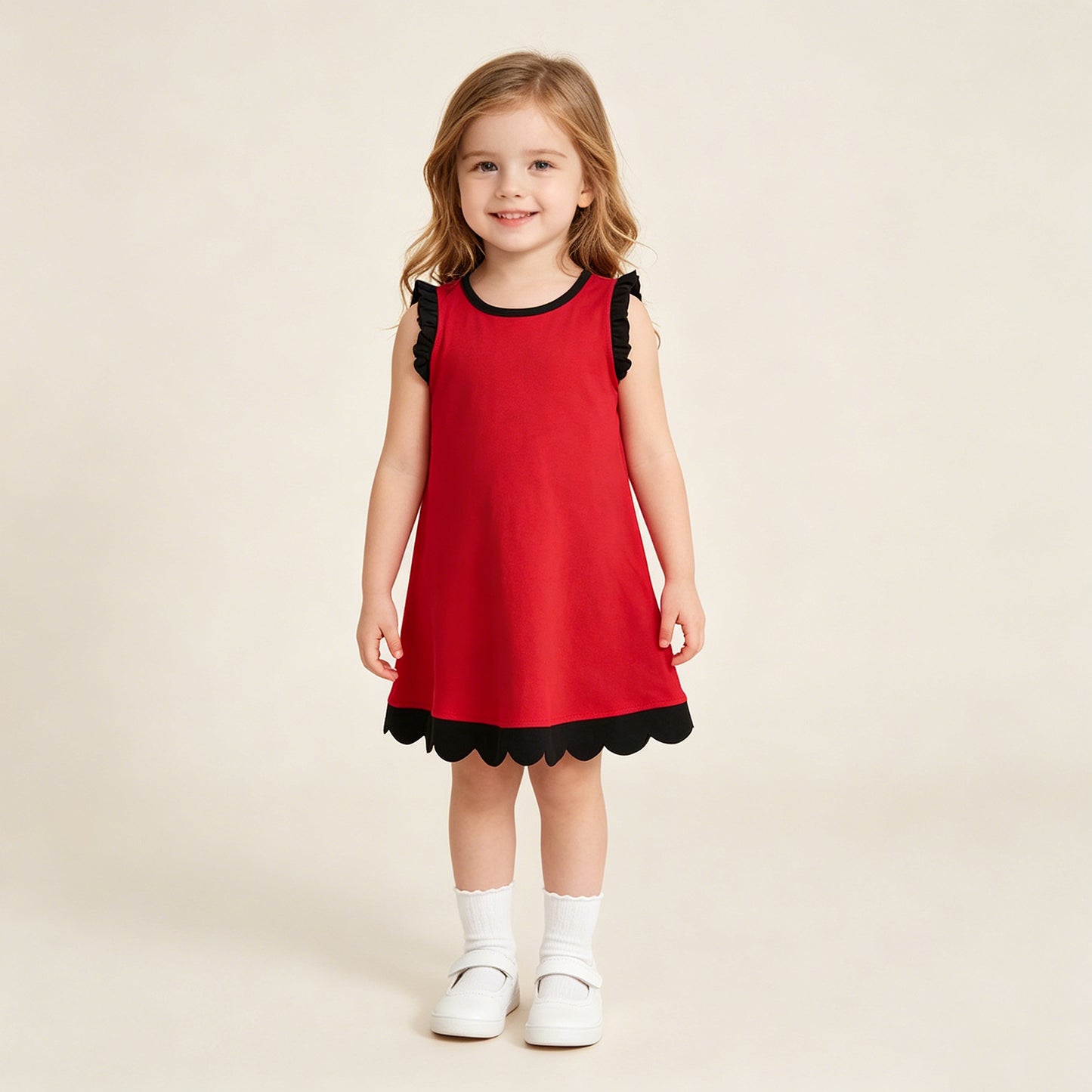 GSD4057 RTS NO MOQ （In stock）Black scallop ruffle sleeveless red girls cotton team dress