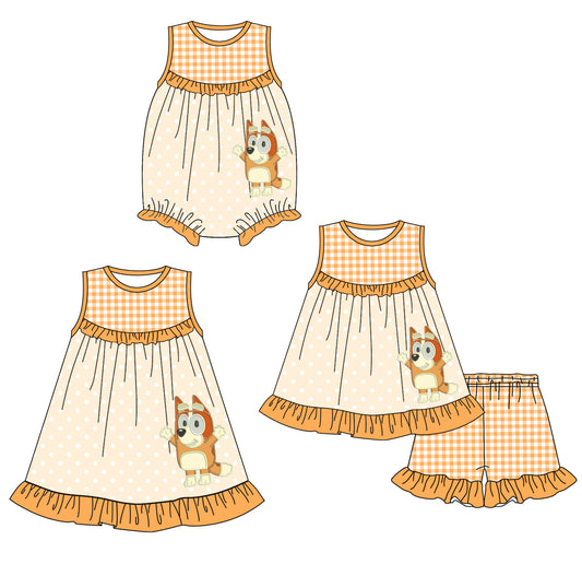 Baby Girls Yellow Sleeveless Plaid Polka Dots Cartoon Dogs Tunic Ruffle Short Set