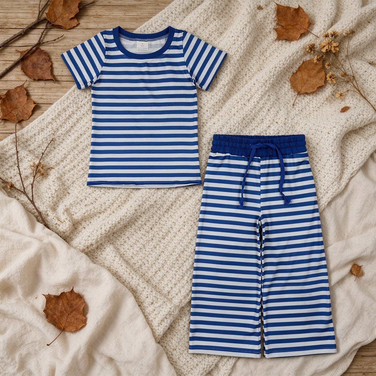 RTS NO MOQ （In stock）milk silk GSPO2385 Baby Girls Short Sleeve Blue Stripe Top Straight Pant Pajamas Clothes Set Night Sleep Wear