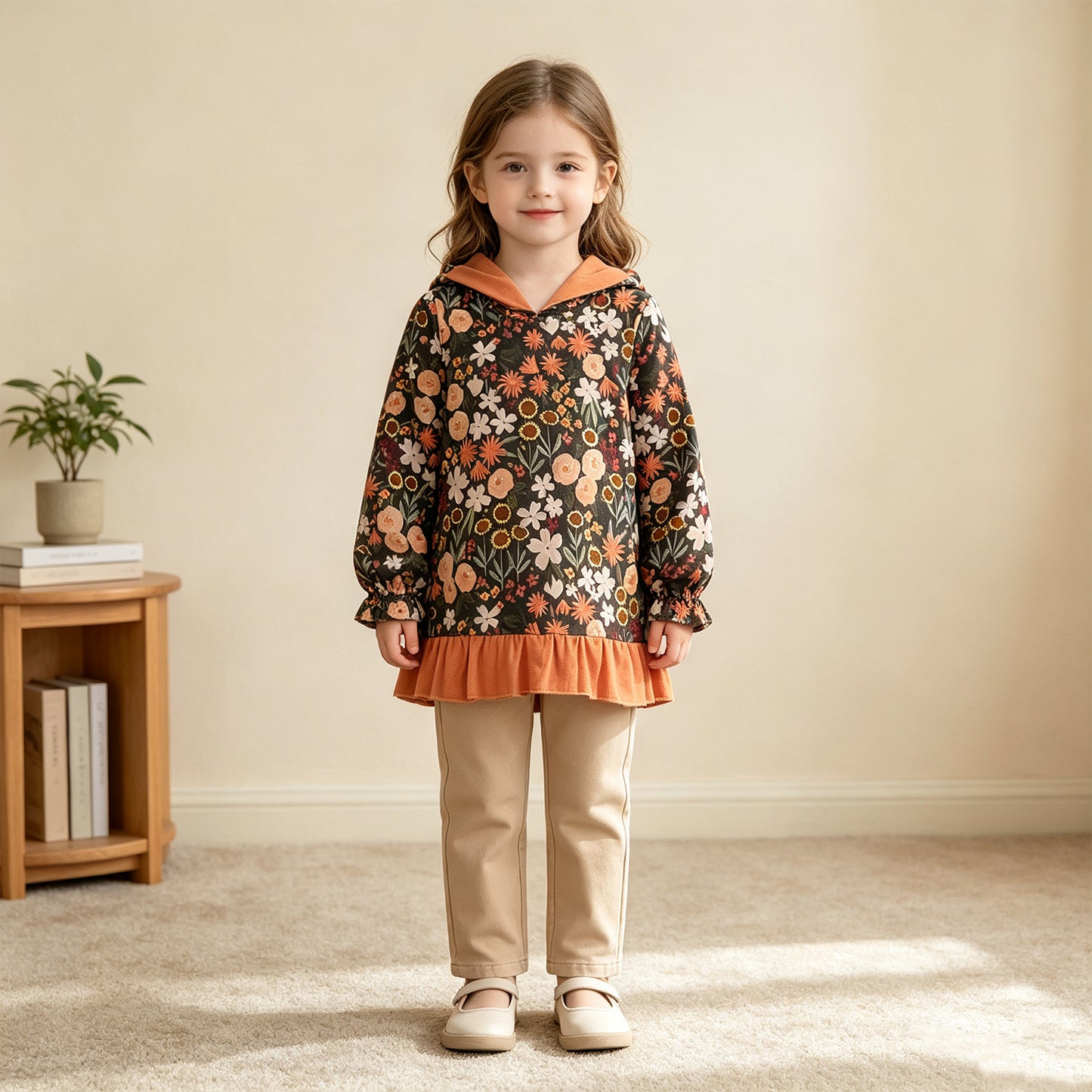 GT1644 RTS NO MOQ （In stock）milk silk Baby Girls Flower Print Ruffle Cuff Hooded Sweatshirt Casual Top
