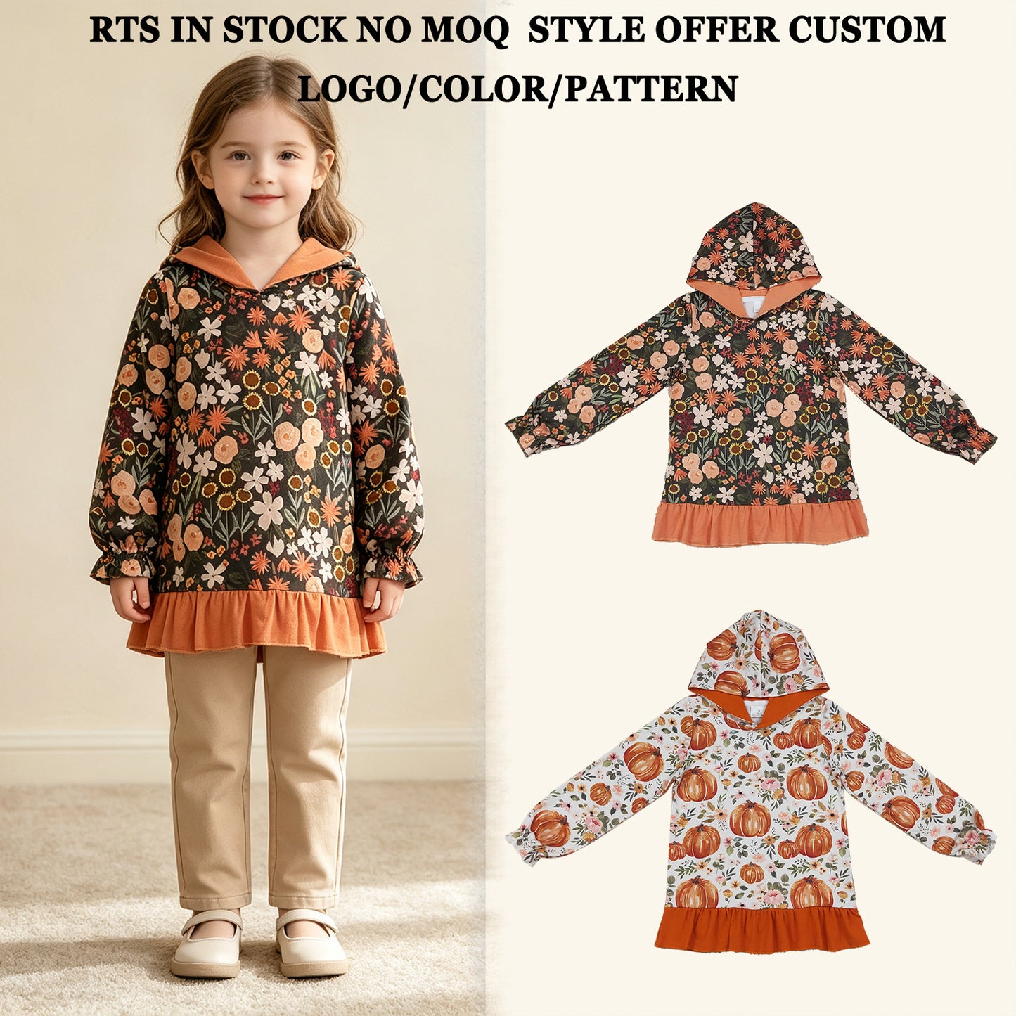RTS NO MOQ Sibling milk silk Baby Girls Long Sleeve Colorful Flowers Fall Ruffle Hoodies Top Autumn Casual Pullover Hooded Shirts