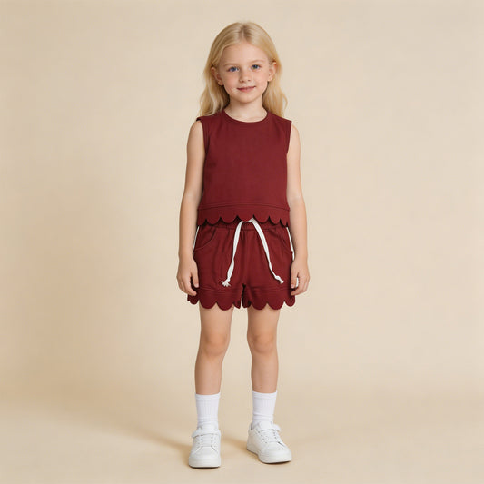 GSSO3734 RTS NO MOQ （In stock ）Sleeveless maroon scallop top shorts kids girls team outfits