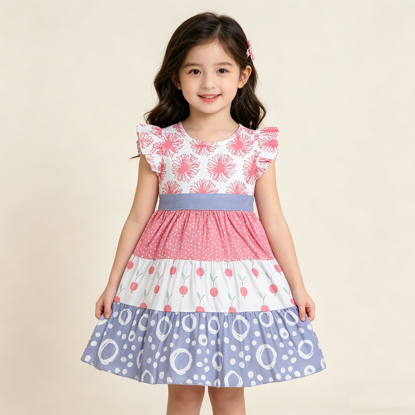 4.11 GSD4090 RTS NO MOQ （In stock ）Baby Girls Flutter Sleeve Daisy Peaches Patchwork Knee Length Dresses