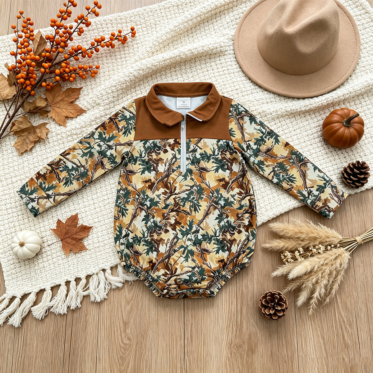 LR3048 RTS NO MOQ （In stock）Baby Boys Long Sleeve Leaves Camo Fall Zipper Rompers