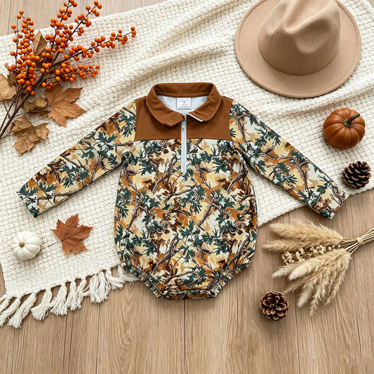 LR3048 RTS NO MOQ （In stock）Baby Boys Long Sleeve Leaves Camo Fall Zipper Rompers