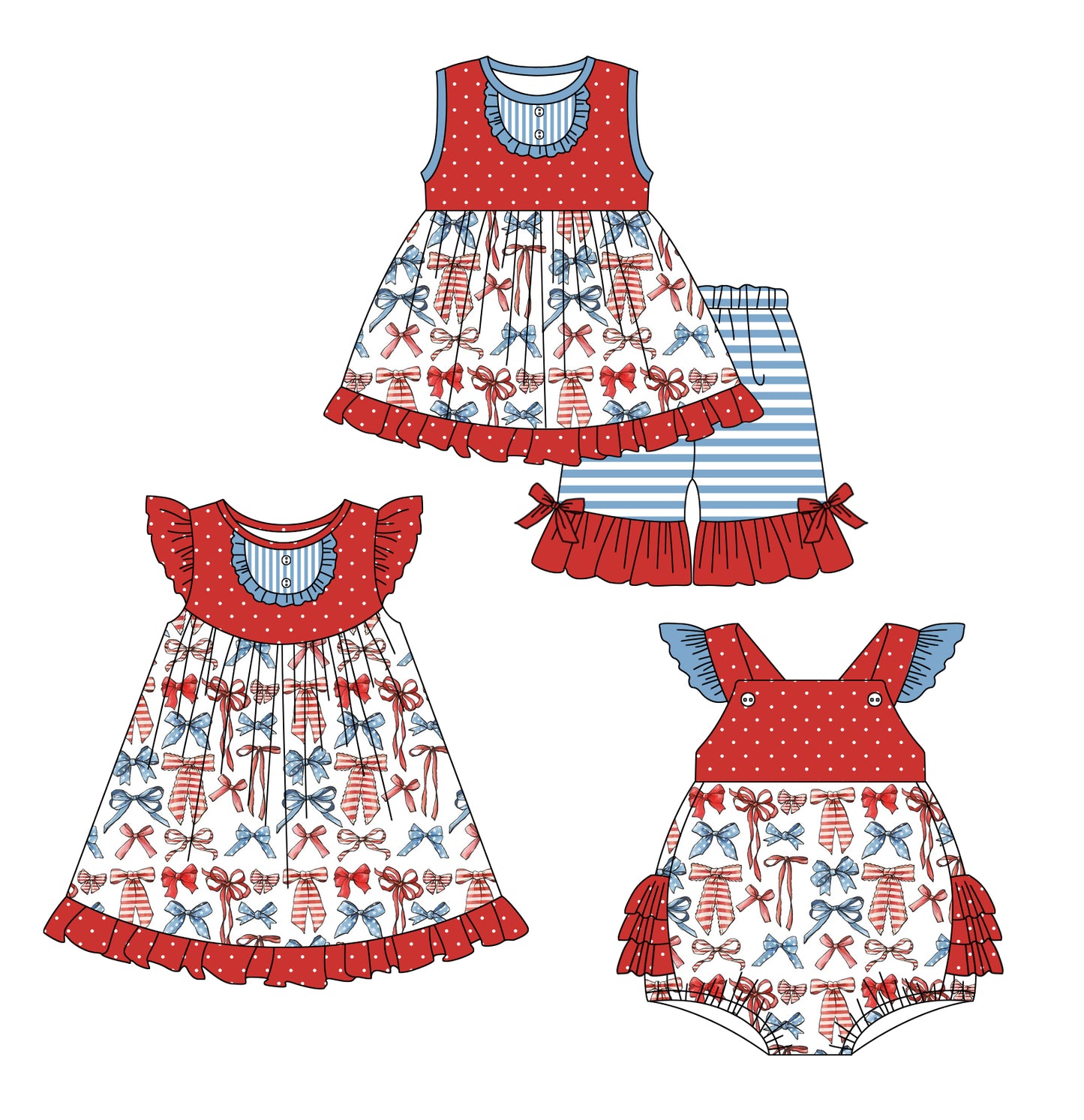 Sleeveless stars stripe bow tunic shorts girls 4th of july outfits
