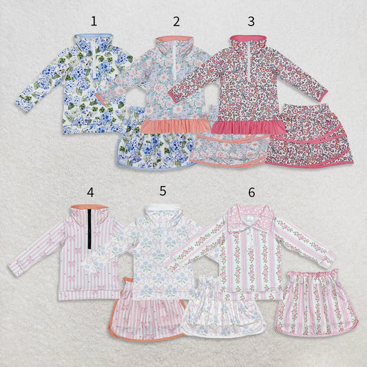 10.17 RTS Sibling Baby Girls Long Sleeve Flowers Bows Zip Top Skirt Skort Bottoms Sets