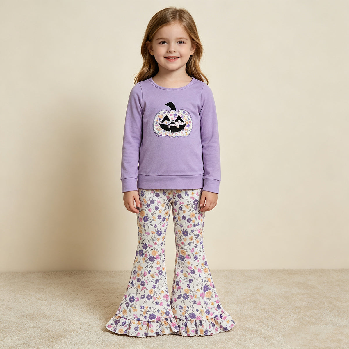 RTS NO MOQ milk silk GLP3618 Embroidery Flowers Ghost Pumpkins Baby Girls Ruffle Bell Bottom Pant Halloween Set