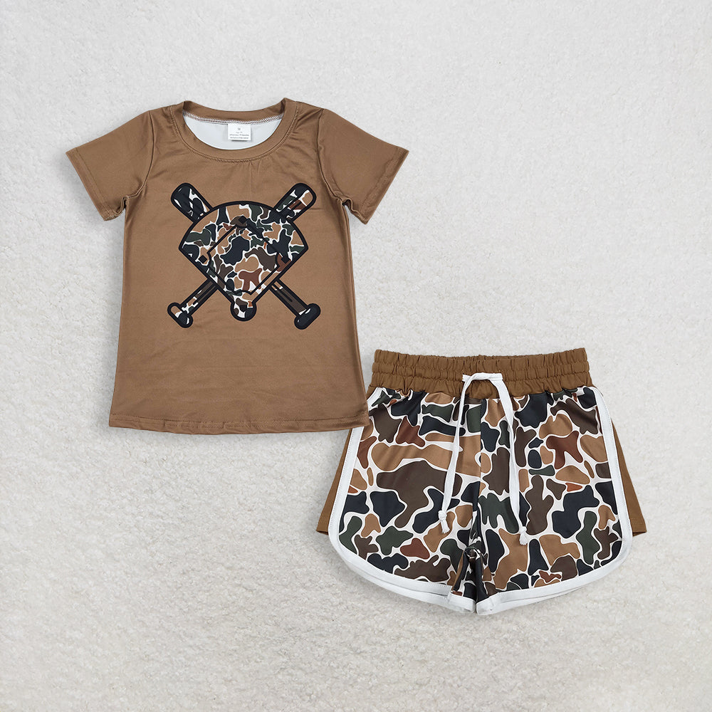 3.16 RTS NO MOQ （In stock）BT1420 + SS0742 Fashion Clothing For Baby Boys Dark Brown Camo Baseballs Short Sleeve Team T-shirts Top Shorts Bottom