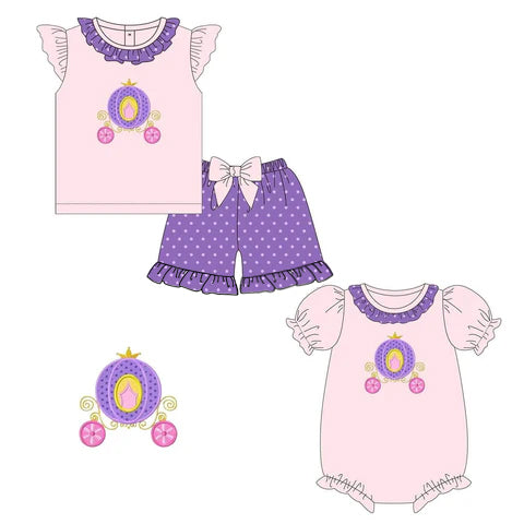 PRE-ORDER baby girl clothes purple flying sleeve shorts set  and Short sleeve Romper