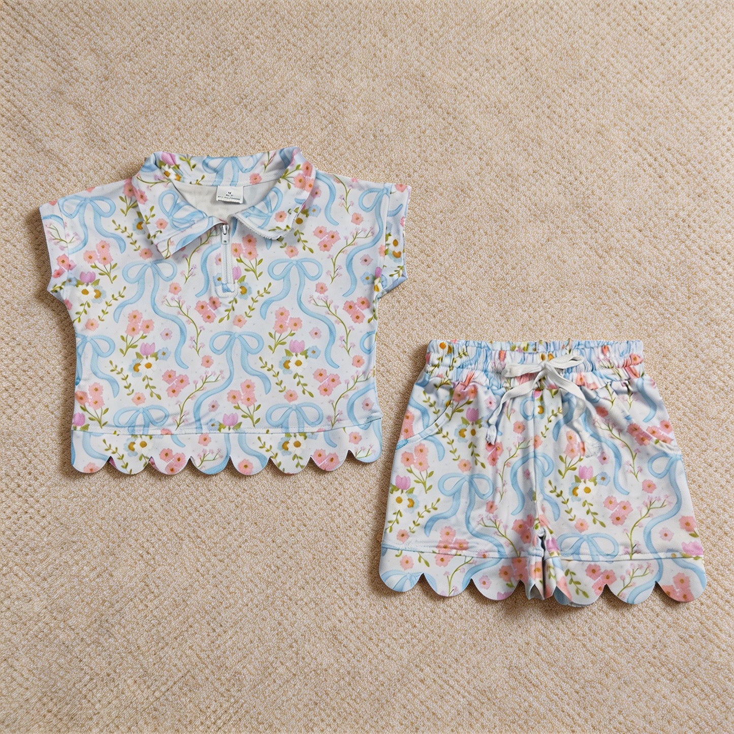 GSSO3575 RTS NO MOQ （In stock ）Short sleeves floral bow scallop pullover shorts girls outfits