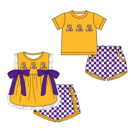 CUSTOM MOQ 5 Cute Comfortable Clothing For Kids Sibling Boys Baby Girls Summer Yellow Tiger Top Checked Shorts Team Clothes Sets