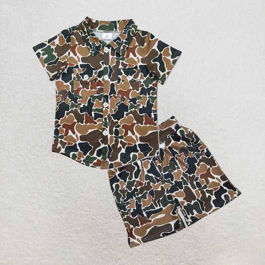 5.14 RTS NO MOQ （In stock）BT1200+SS0732 Short sleeves dark camo pockets kids boys button down shirt outfits