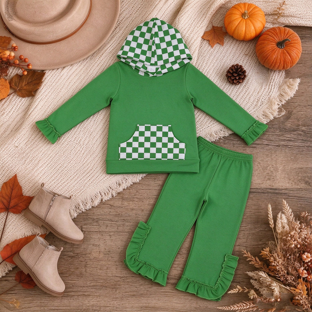 RTS NO MOQ （In stock） milk silk GLP3714（GT1855+P1165）Baby Girls Green Checked Pocket Long Sleeve Hoodie Ruffle Pant Outfit