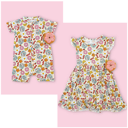 Baby Infant Girls Egg Banana Donuts Short Sleeve Zip Rompers and Short sleeve dress preorder