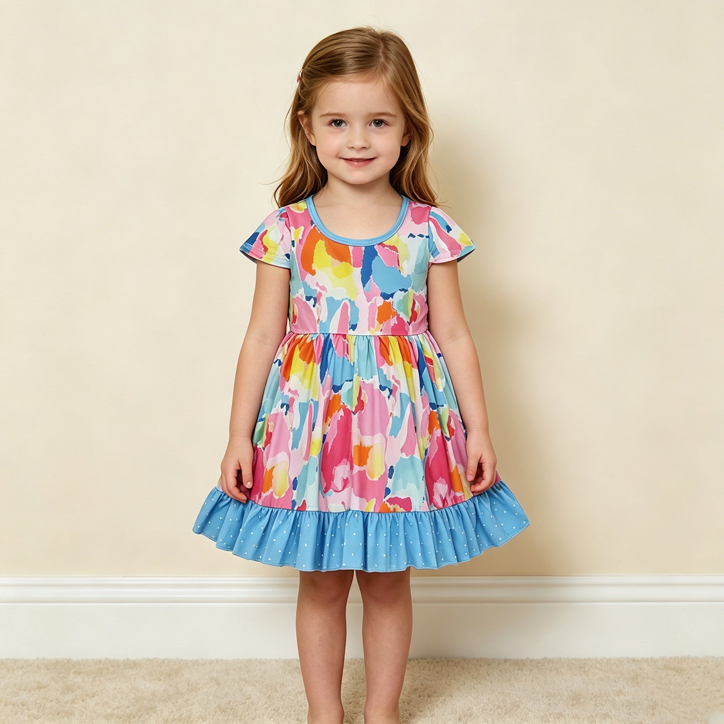 RTS NO MOQ （In stock）milk silk GSD2610 Baby Girls Cute Short Sleeve Watercolor Camo Print Ruffle Trim Pocket Knee Length Dress