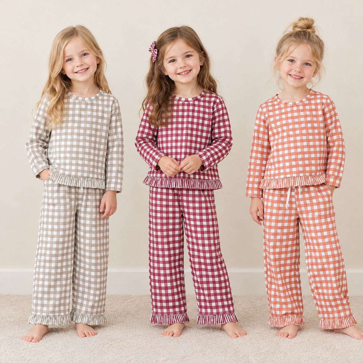 RTS NO MOQ Sibling milk silk Baby Girls Cute Gingham Plaid Long Sleeve Ruffle Top And Ruffle Pants Matching Set