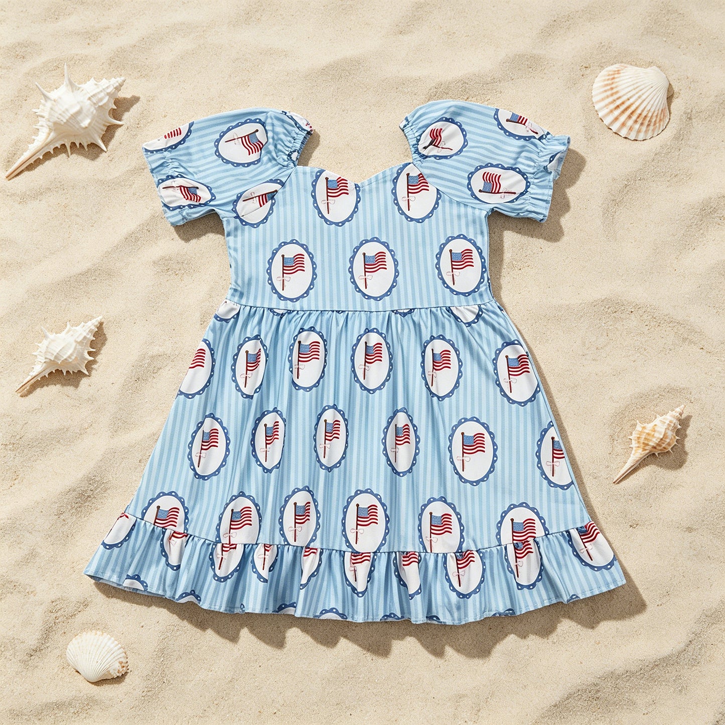 GSD3792 RTS NO MOQ （In stock ）Short sleeves stripe flag ruffle girls 4th of july dresses
