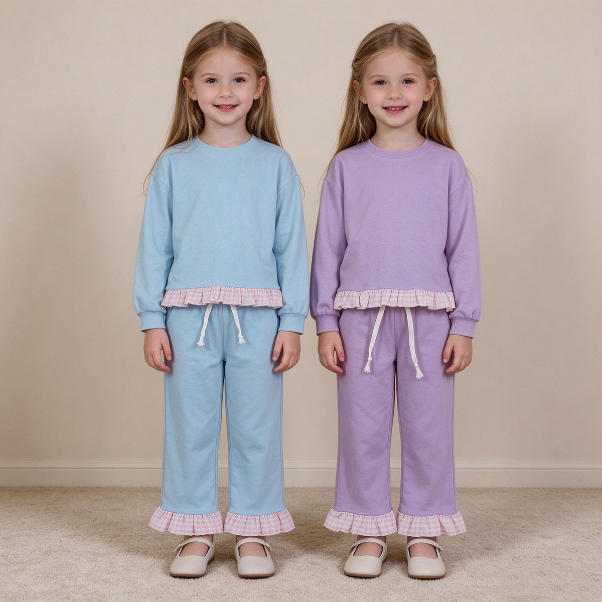 RTS NO MOQ RTS NO MOQ Sibling cotton Baby Girls Solid Color Long Sleeve Top Ruffle Hem Pant Casual Outfit