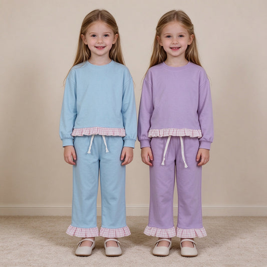 RTS NO MOQ RTS NO MOQ Sibling cotton Baby Girls Solid Color Long Sleeve Top Ruffle Hem Pant Casual Outfit